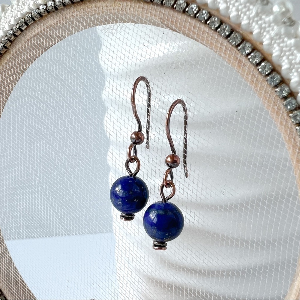 Blue Lapis Beaded Wire Wrap Copper Minimalist Earrings - Picture 2 of 11